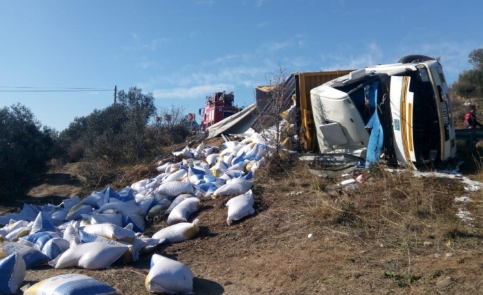 Çanakkale’de yem yüklü kamyon devrildi: 1 yaralı