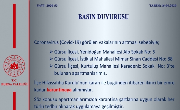 Bursa’da 3 apartman karantinada