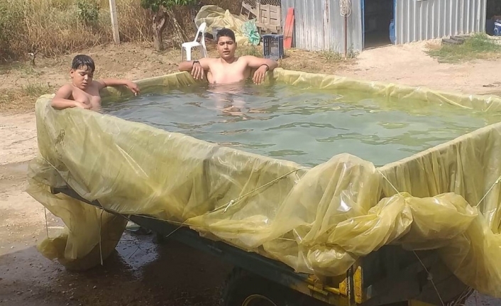 İzmir’de vatandaşlar traktör römorkuna havuz yapıp serinledi