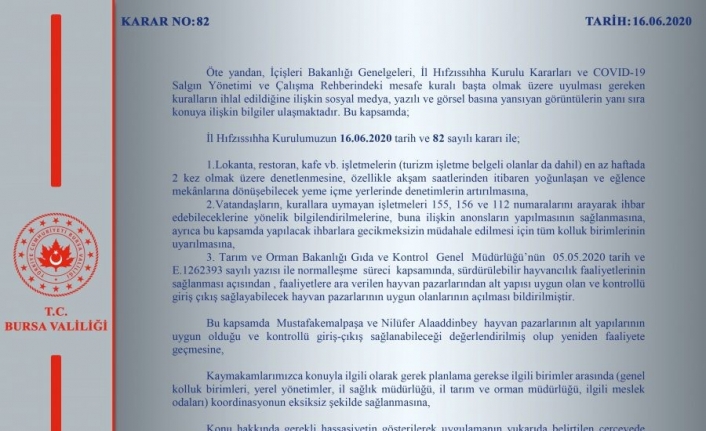 Bursa Valiliğinden yeni İl Hıfzıssıhha Kurul Kararı açıklaması