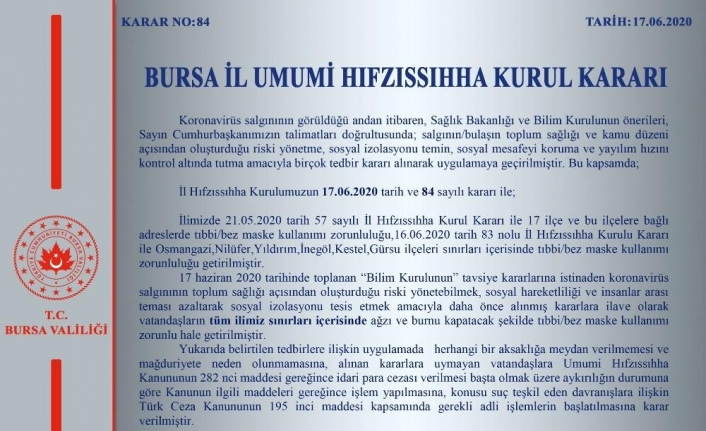 Bursa’da maske zorunlu hale getirildi