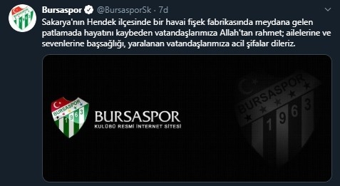 Bursaspor’dan başsağlığı mesajı