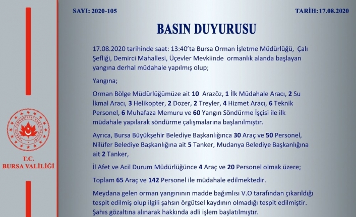 Bursa Valiliği’nden yangın açıklaması