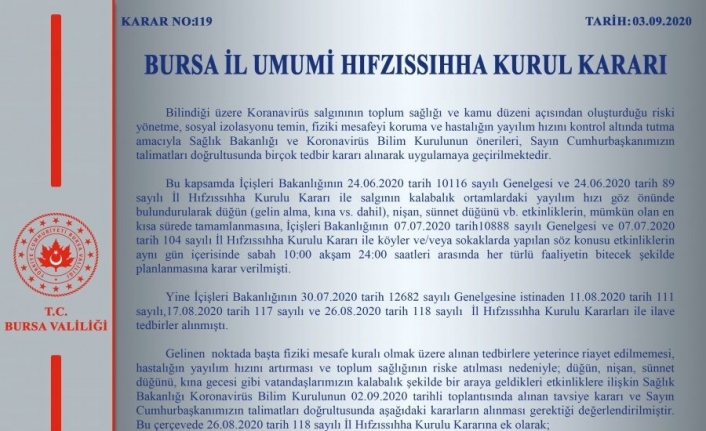 Bursa Valiliği’nden İl Hıfzıssıhha Kurulu kararı açıklaması