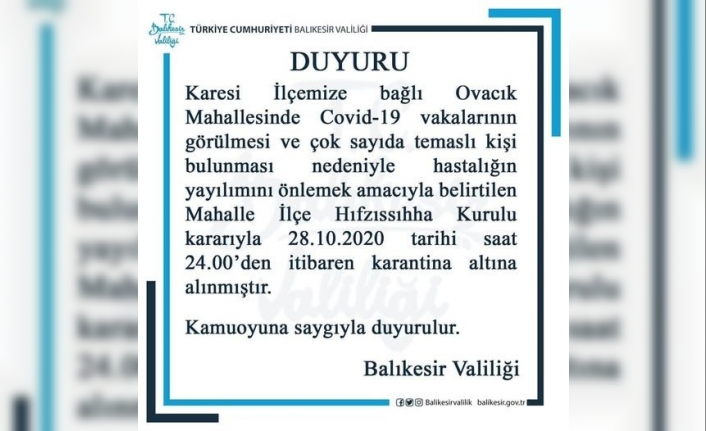 Balıkesir’de Ovacık köyü karantinaya alındı