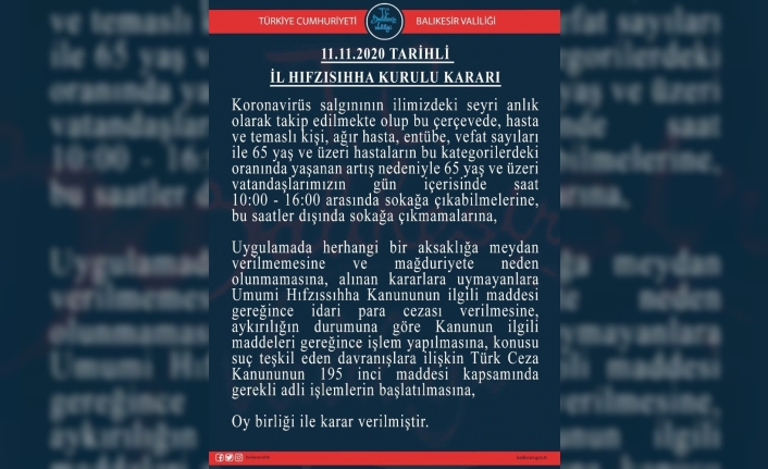 Balıkesir’de 65 yaş üstü vatandaşlar saat 10 ila 16 arası sokağa çıkabilecek