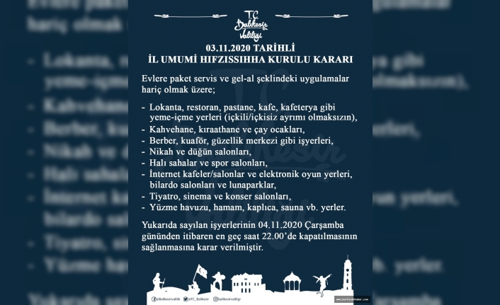 Balıkesir’de Kahvehane, sinema, düğün salonları saat 22’de kapanacak