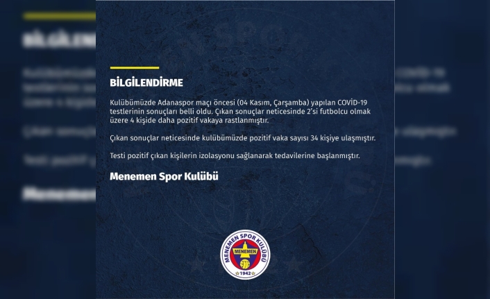 Menemenspor’da vaka sayısı 34’e yükseldi