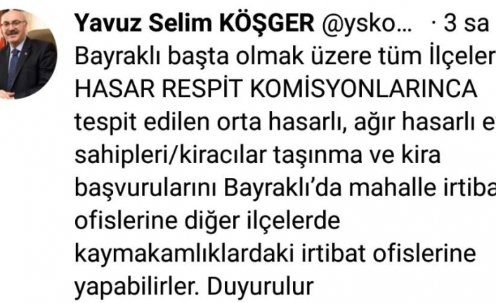 Vali Köşger’den, deprem mağdurlarına çağrı