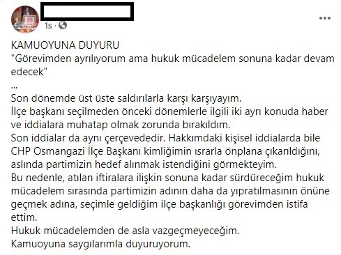 Taciz iddiaları ile gündeme gelen CHP Osmangazi İlçe Başkanı görevinden istifa etti