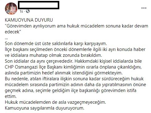 Taciz iddiaları ile gündeme gelen CHP Osmangazi İlçe Başkanı görevinden istifa etti