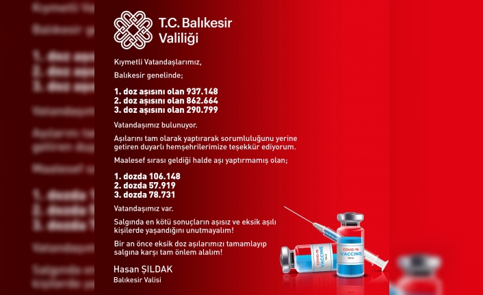 Vali Şıldak aşılarını tam olarak yaptıran Balıkesirlilere teşekkür etti. 