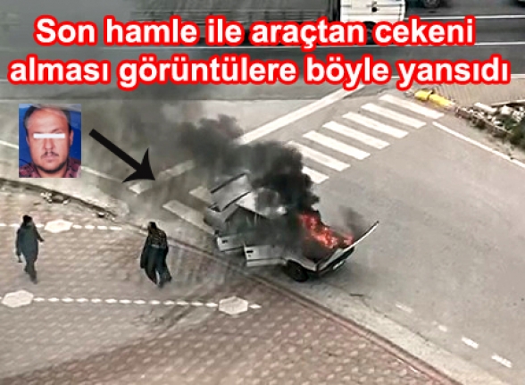 Edremit'te otomobil alev alev yandı, kamera saniye saniye yangını kaydetti  