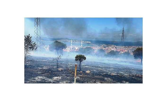 Ayvalık’ta yerleşim yerlerine yaklaşan otluk alan yangını havadan ve karadan müdahalelerle söndürüldü