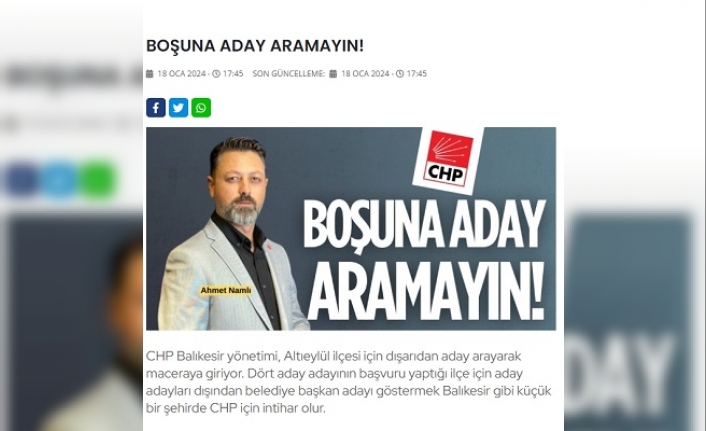 'Ahmet Namlı yada Hakan Şehirli olsun, CHP için intihar olmasın'