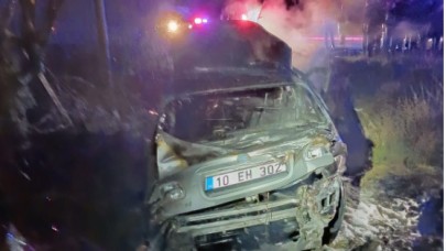 Karesi’de kaza yapan araç alev aldı: 1 kişi hayatını kaybetti