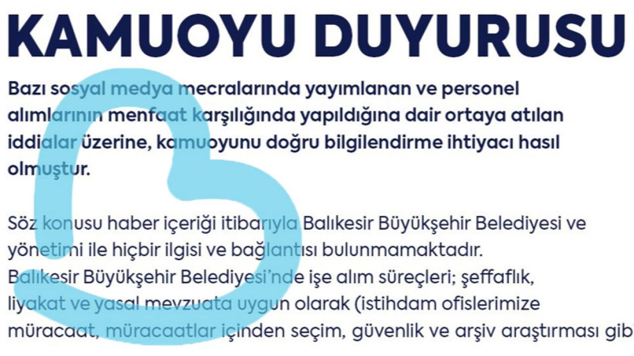 Balıkesir Büyükşehir Belediyesi'nden Kamuoyu Duyurusu
