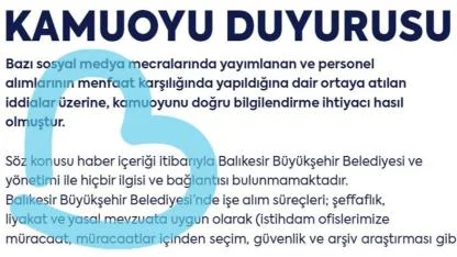 Balıkesir Büyükşehir Belediyesi'nden Kamuoyu Duyurusu