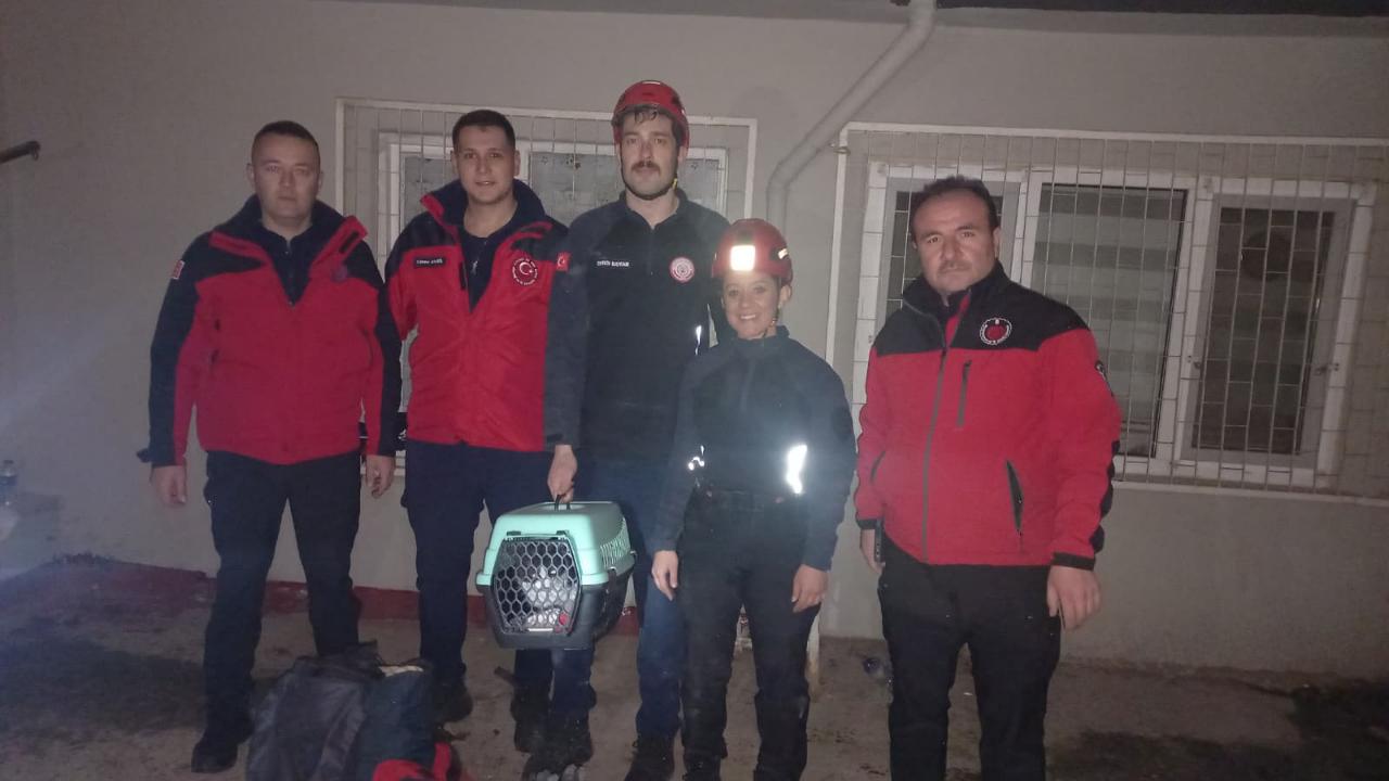Karesi’de havalandırma boşluğuna düşen kedi kurtarıldı