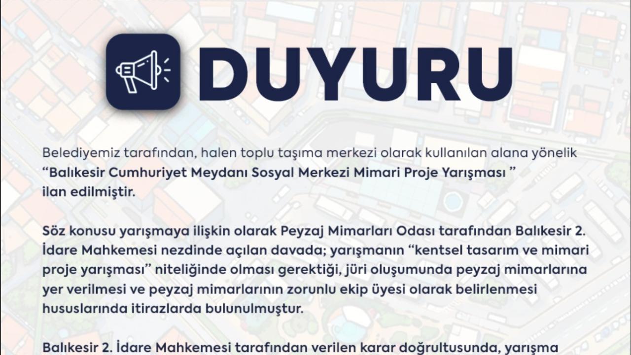 Balıkesir’de Cumhuriyet Meydanı yarışmasında revizyon