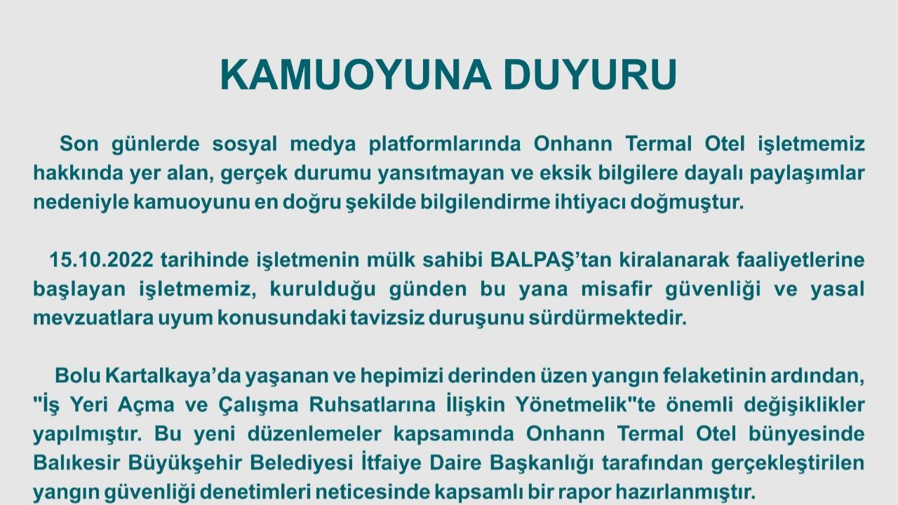 Onhan Termal Otel ile ilgili Büyükşehir’den açıklama