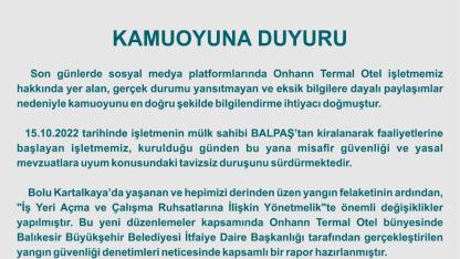 Onhan Termal Otel ile ilgili Büyükşehir’den açıklama