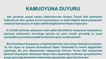 Onhan Termal Otel ile ilgili Büyükşehir’den açıklama