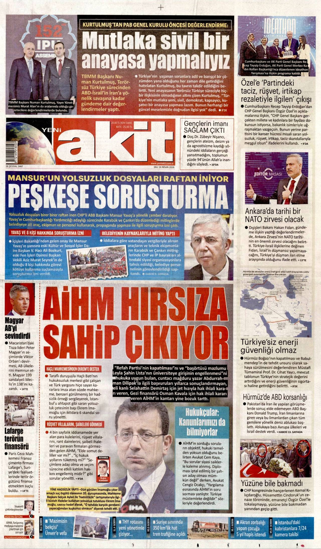 Yeni Akit Gazetesi Gazete Manşeti