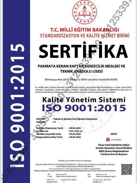 Ayvalık’ta Denizcilik Lisesine Iso 9001 Kalite Belgesi