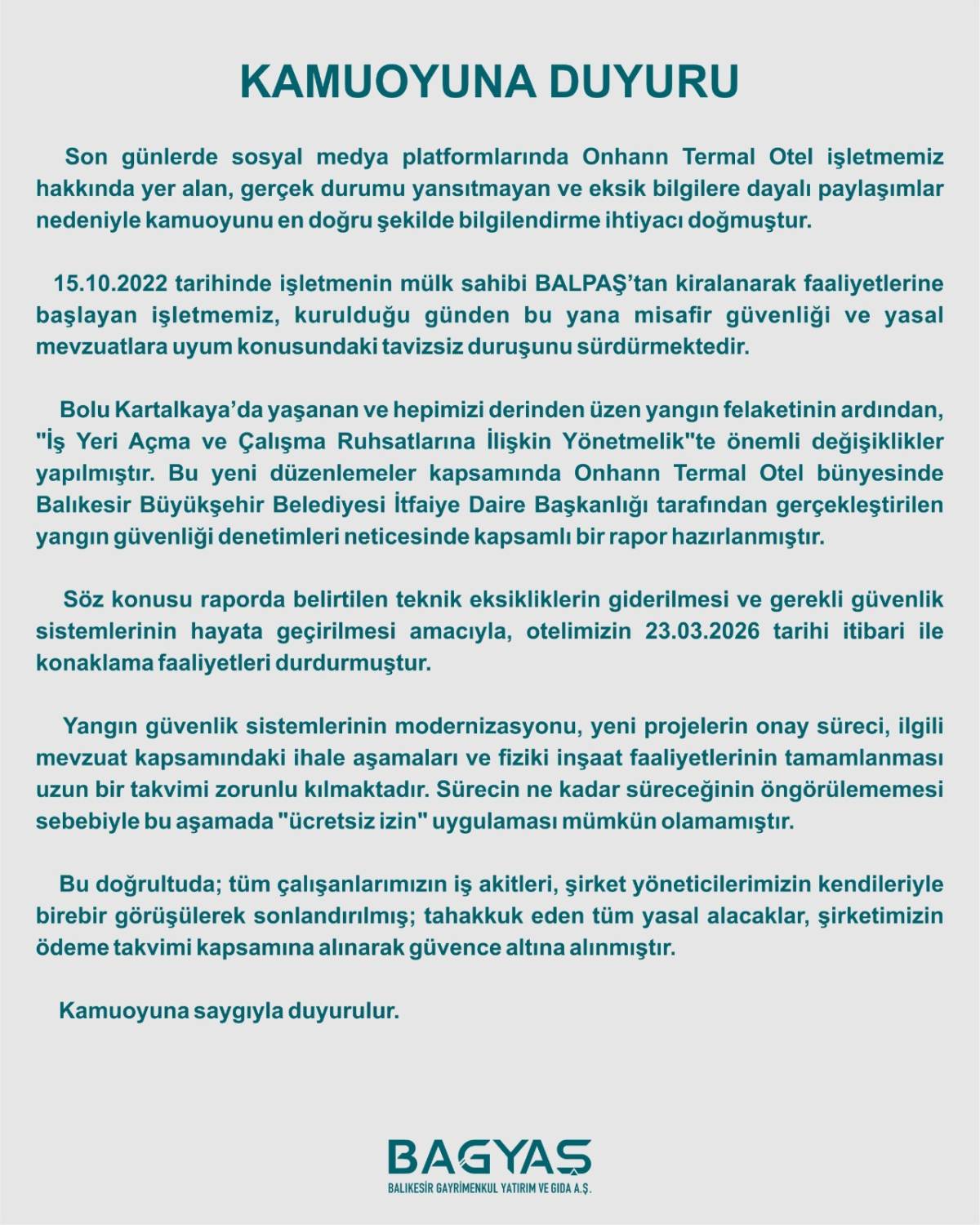 Onhan Termal Otel ile ilgili Büyükşehir’den açıklama