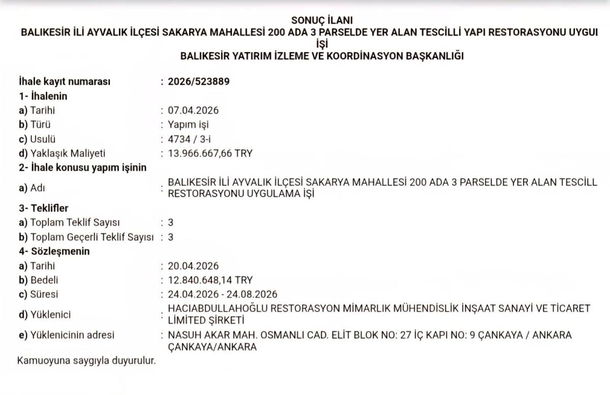 Ayvalık’ta Tarihi Kaymakamlık Binası Restorasyona Giriyor